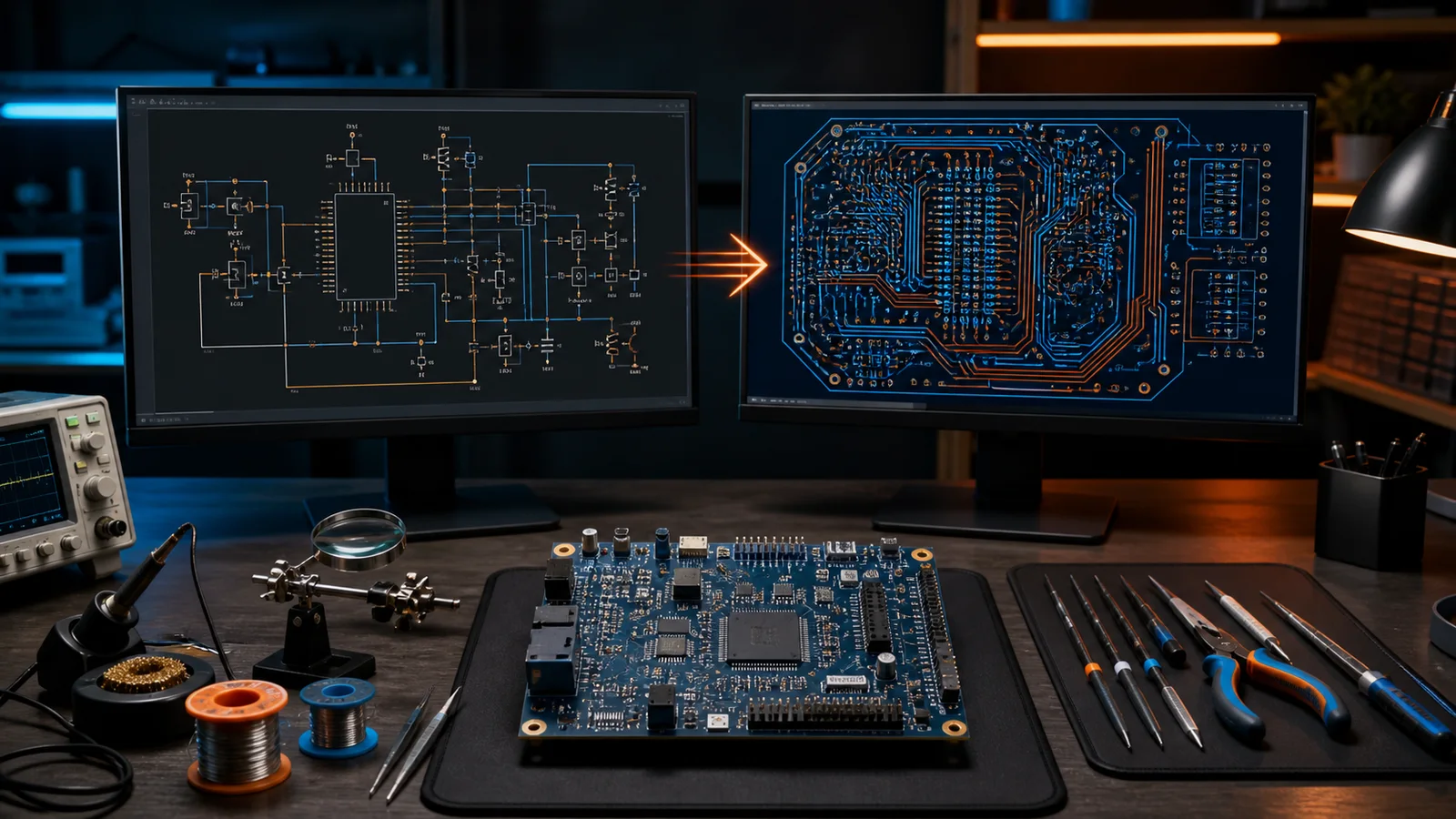 Electronics workstation showing a circuit schematic, PCB layout, and assembled circuit board